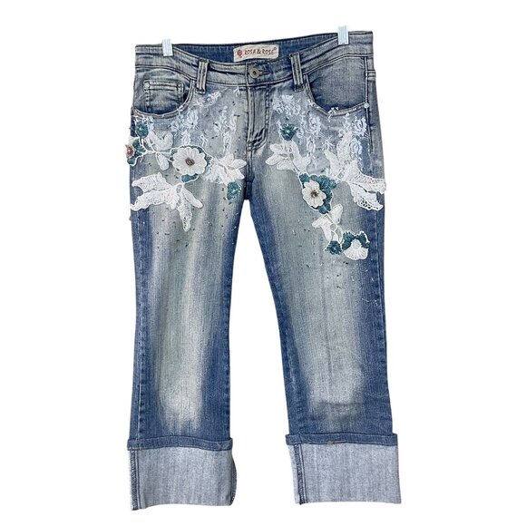 Rosa & Rose Embellished Lace Beading Cuffed Crop Jeans VTG Y2K Med - Picture 1 of 9